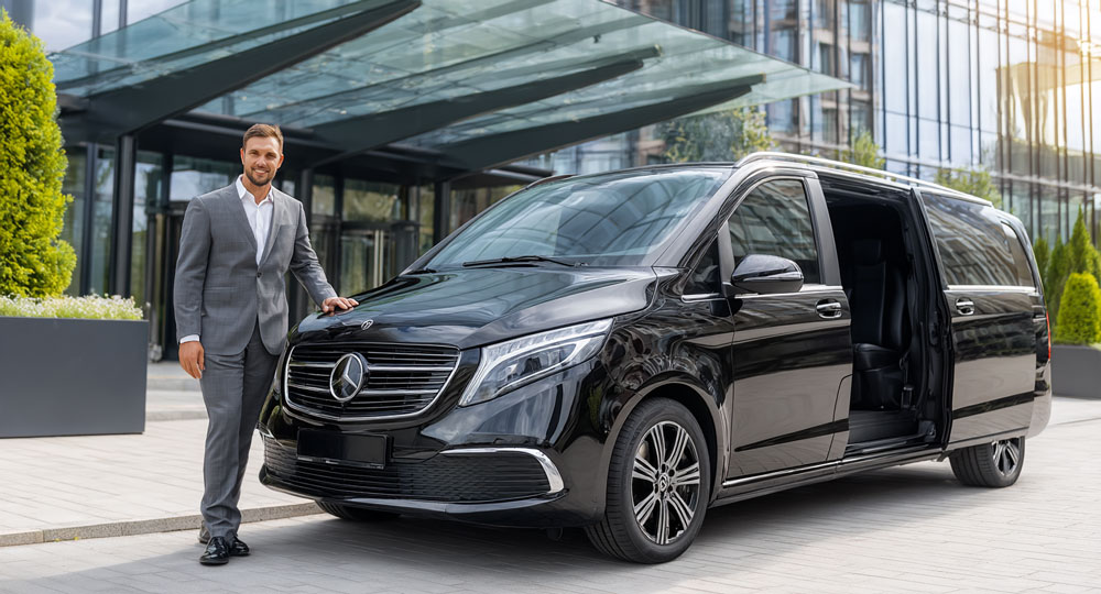 Professional bilingual chauffeur-guide welcoming guests in a luxury vehicle